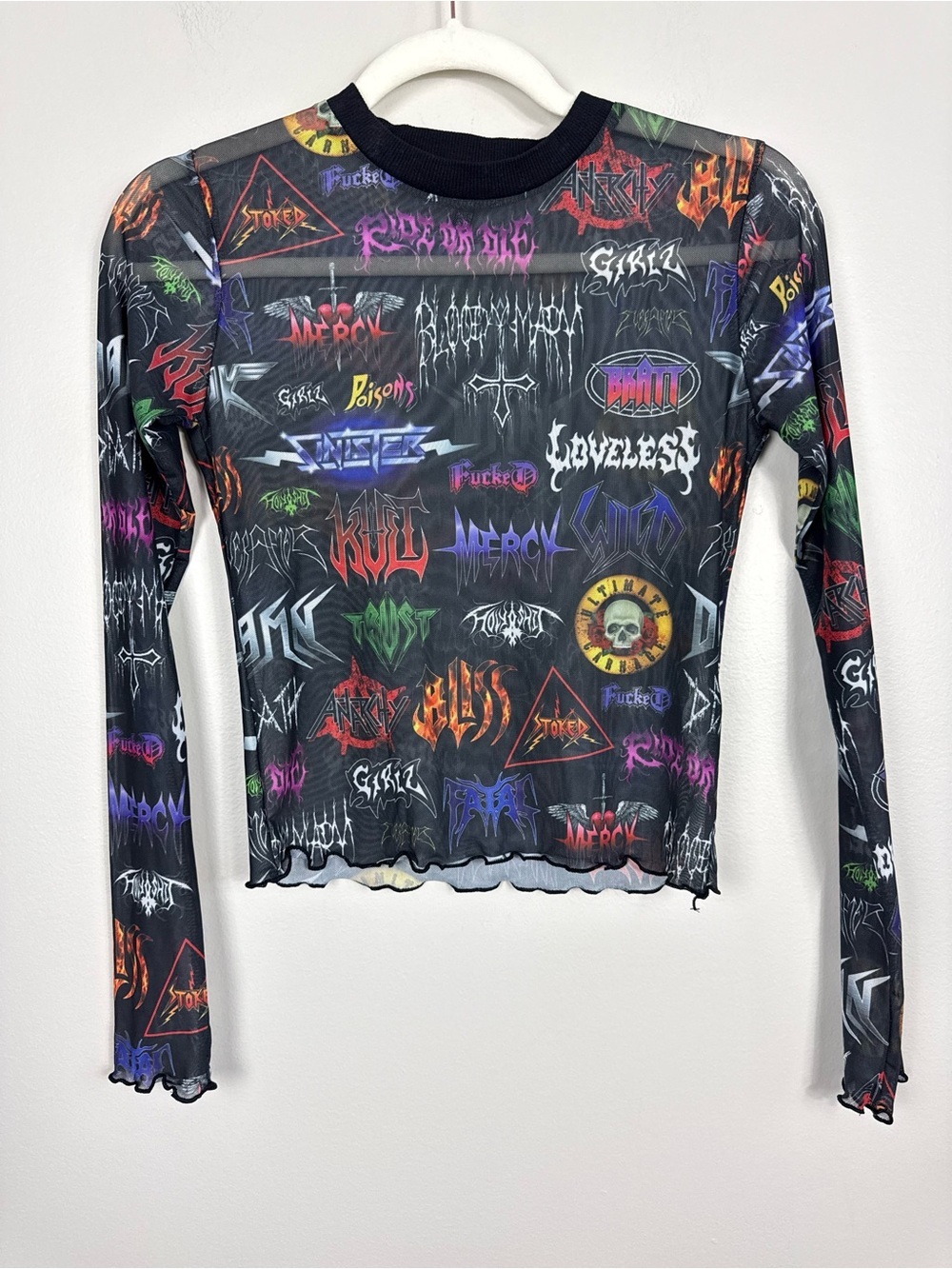 Current Mood Mesh Sheer Top Women Small Black Band Rock Grunge Cross Skull Flame